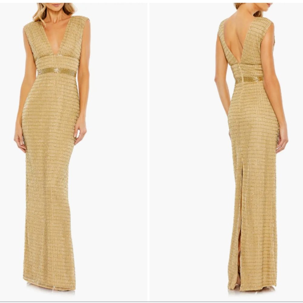 MAC DUGGAL 5625 BEADED CAP SLEEVE COLUMN GOLD GOWN sz 2